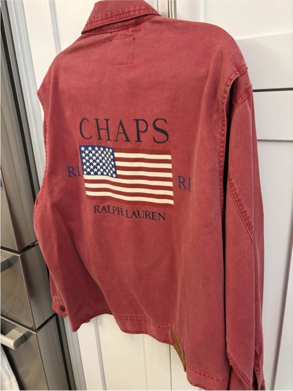 90S Rare Vintage Men’s Chaps Ralph Lauren Red American Flag Denim Jacket Sz M - Picture 2 of 12